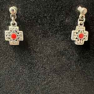 Silver and Red Cross Earrings